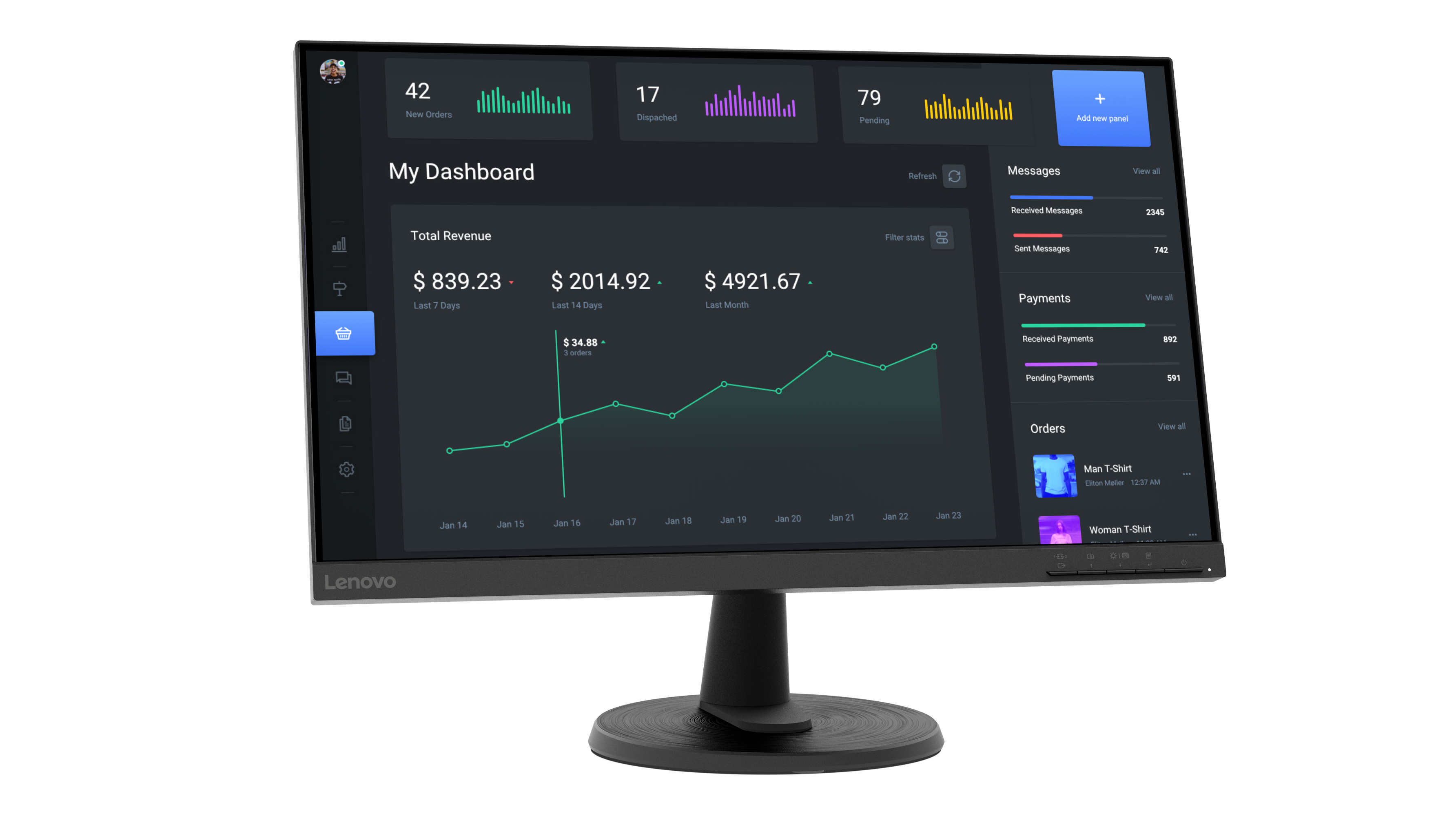 Monitor del computer che mostra una dashboard con grafici e dati, su sfondo bianco.