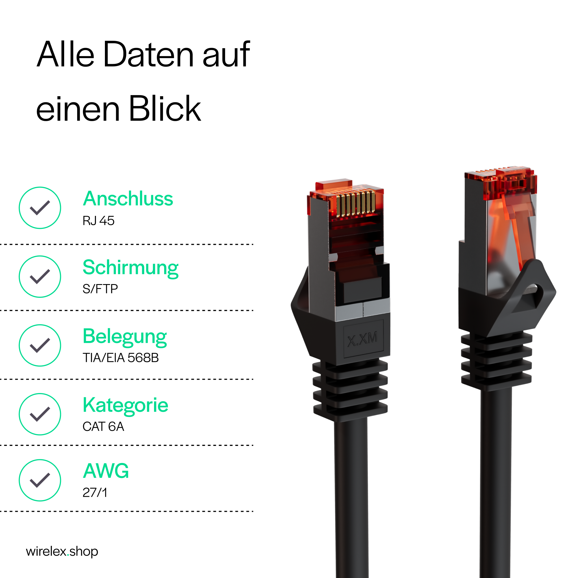 Nahaufnahme von zwei schwarzen Netzwerkkabeln mit orangefarbenen Steckern und Text.