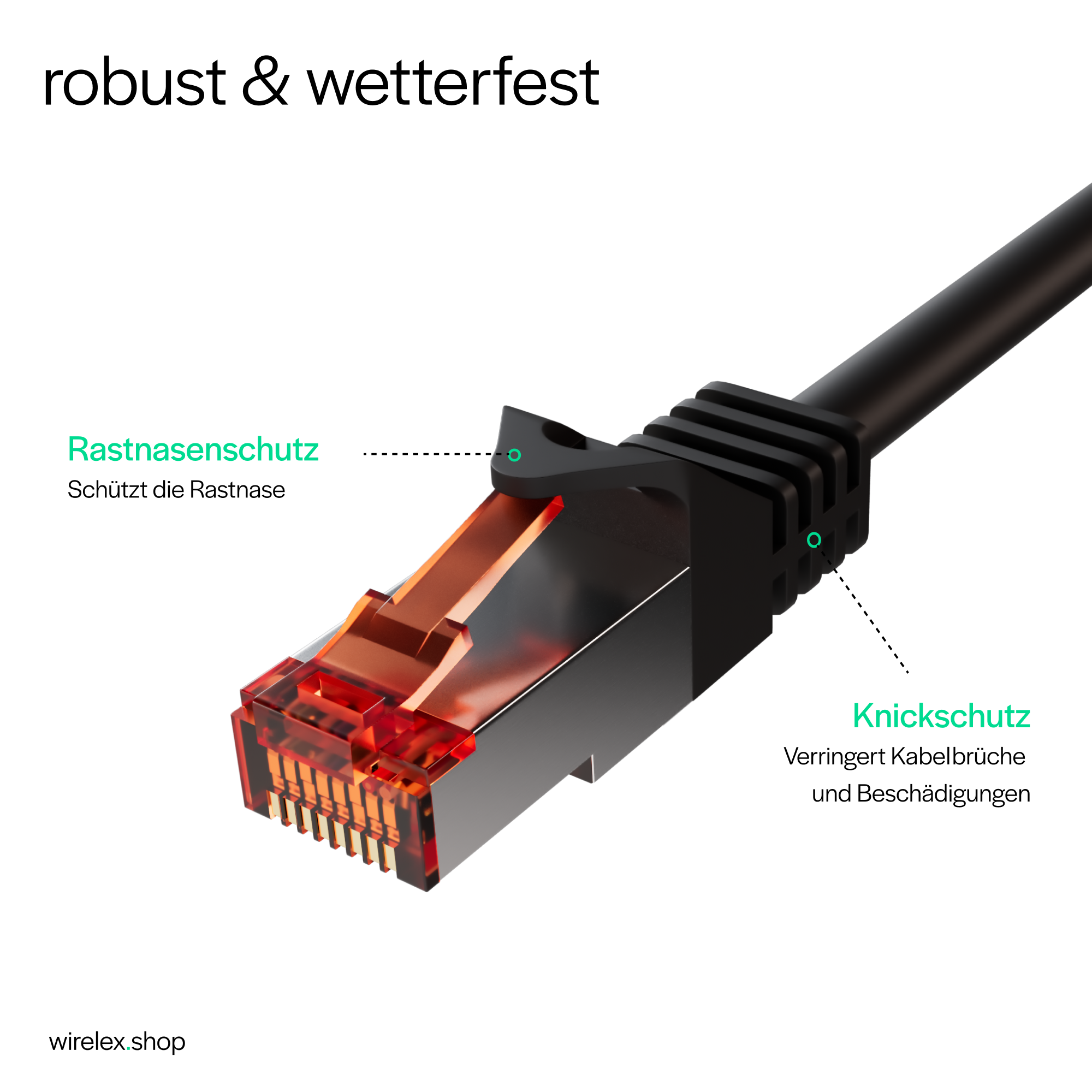 Nahaufnahme eines Ethernet-Kabelendes, das den Stecker und seine Schutzelemente zeigt.