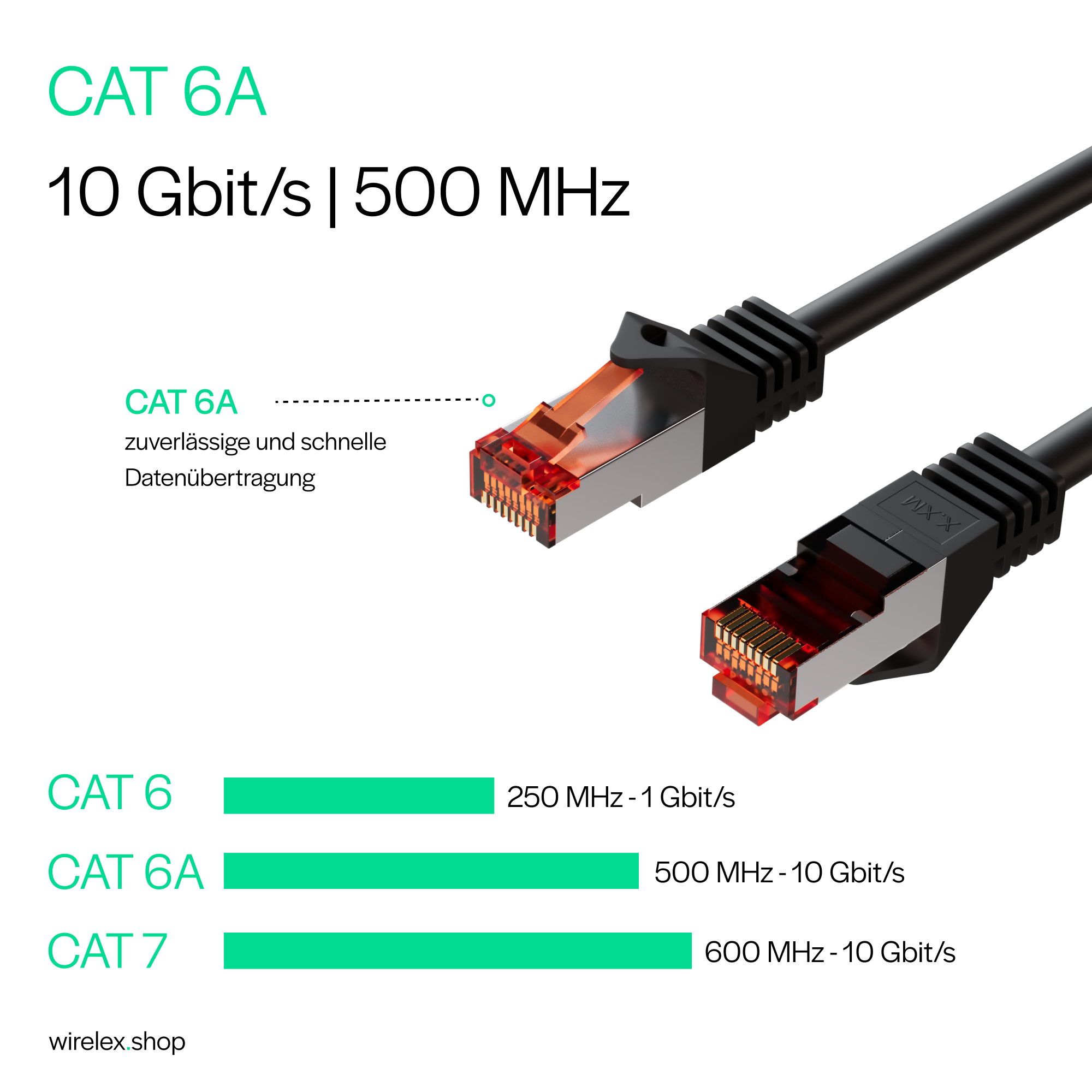 Netzwerkkabel. Zwei Stecker mit Text CAT 6A, CAT 6 und CAT 7.
