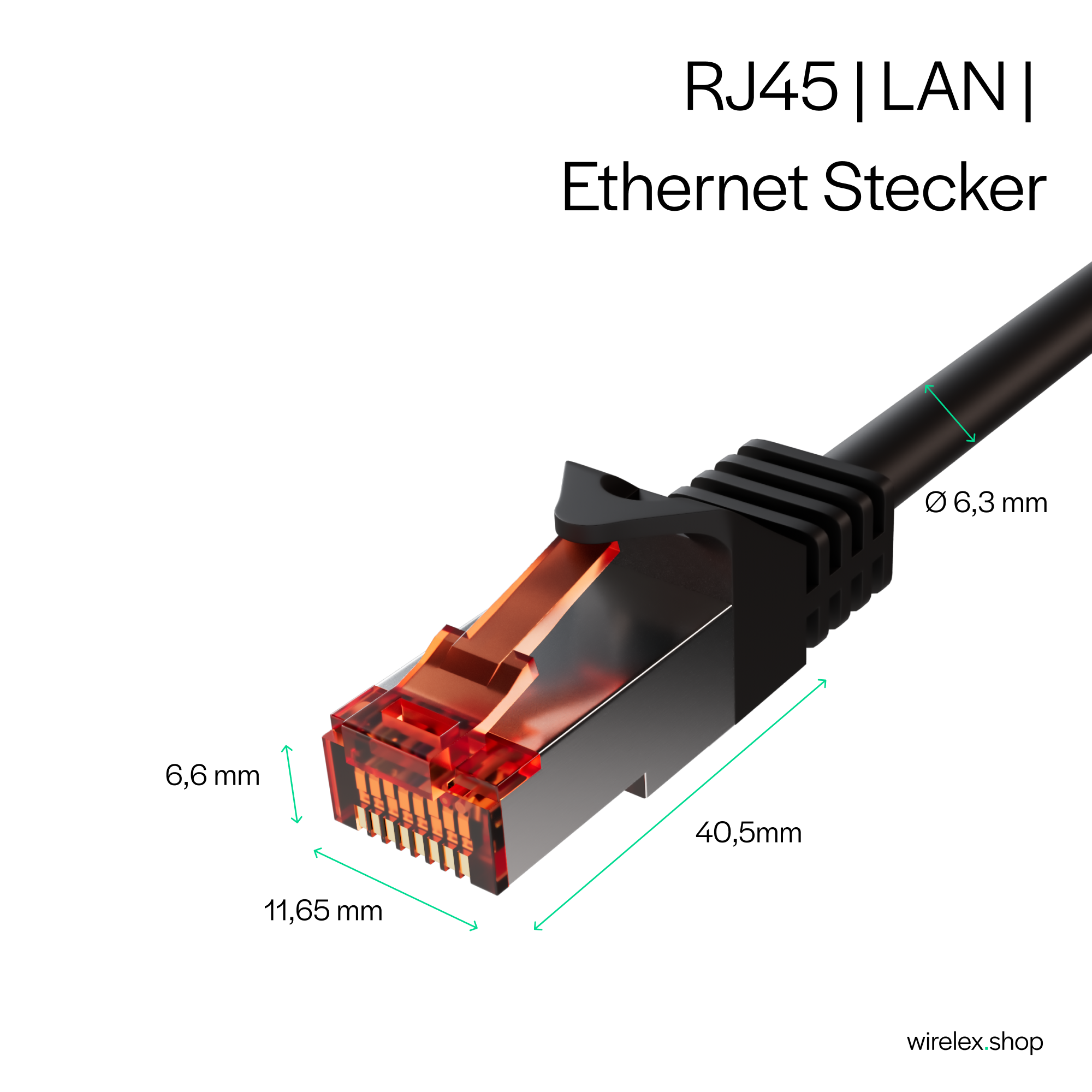 Ein schwarzer RJ45 LAN Ethernet-Anschluss mit Messungen.