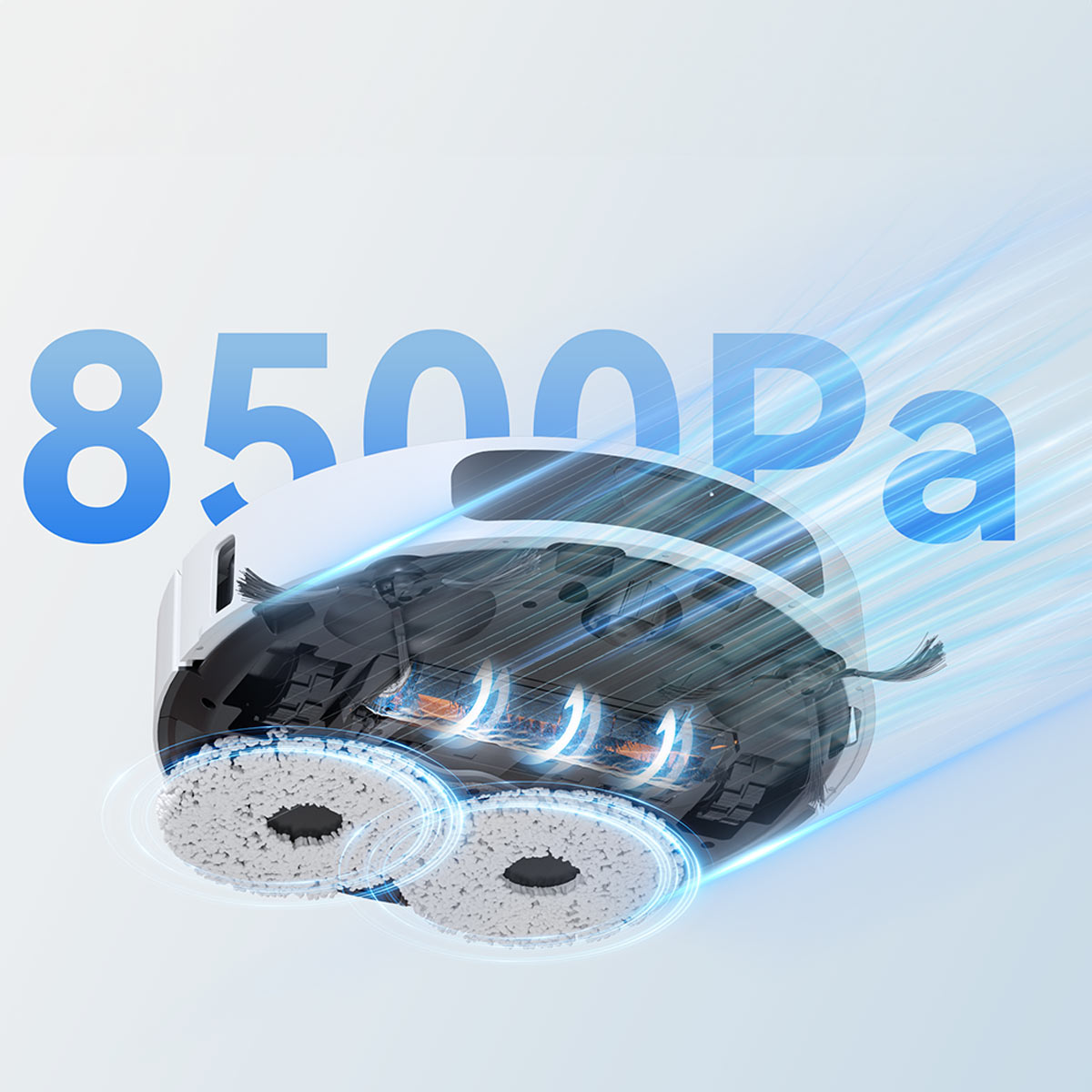 Ein weiß-schwarzer Roboter-Staubsauger mit dem Text '8500Pa' in Blau. Der Staubsauger ist auf weißem Hintergrund.