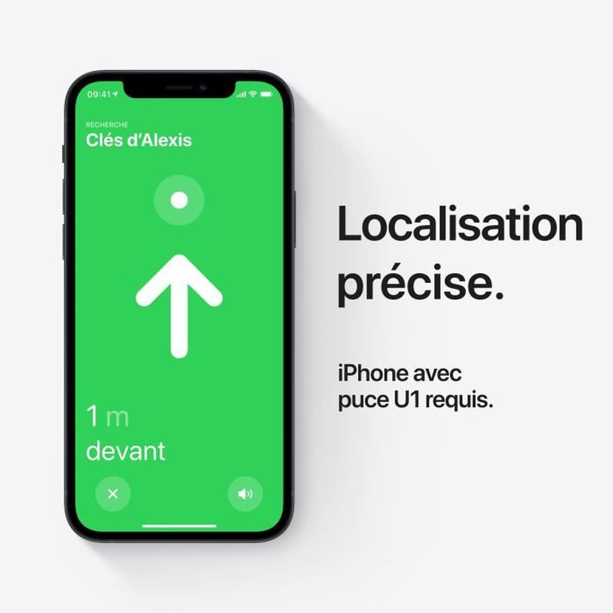 Ekran iPhone'a z zielonym interfejsem, ikoną strzałki i tekstem 'Localisation précise'.