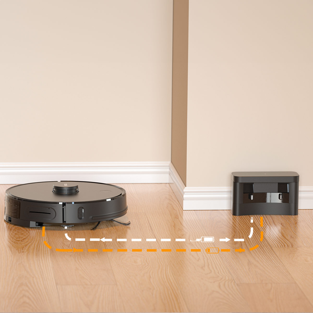 Ein schwarzer Roboter-Staubsauger, der an einer Basisstation aufgeladen wird, auf einem Holzboden.