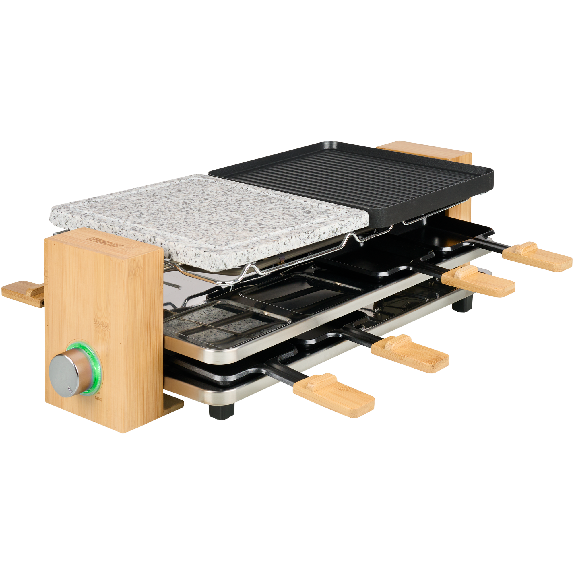 Grill do raclette z dwiema powierzchniami do gotowania, jedną kamienną i jedną czarną, z drewnianymi uchwytami.