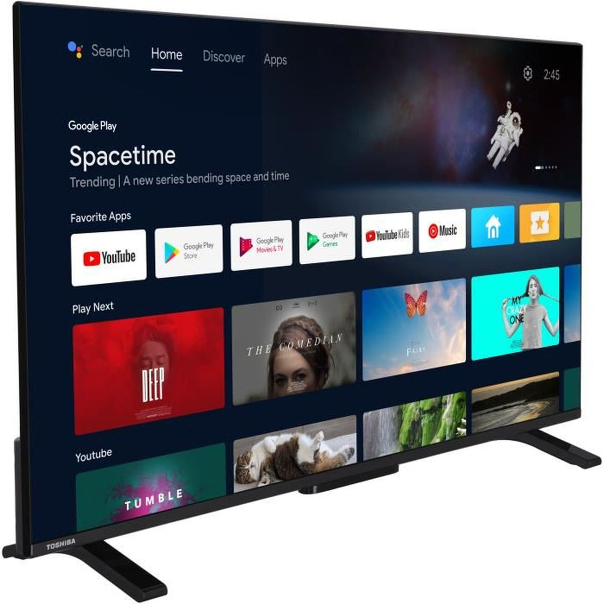 Toshiba-Fernseher mit Google Play-Oberfläche, App-Symbolen und einer Weltraumszene.