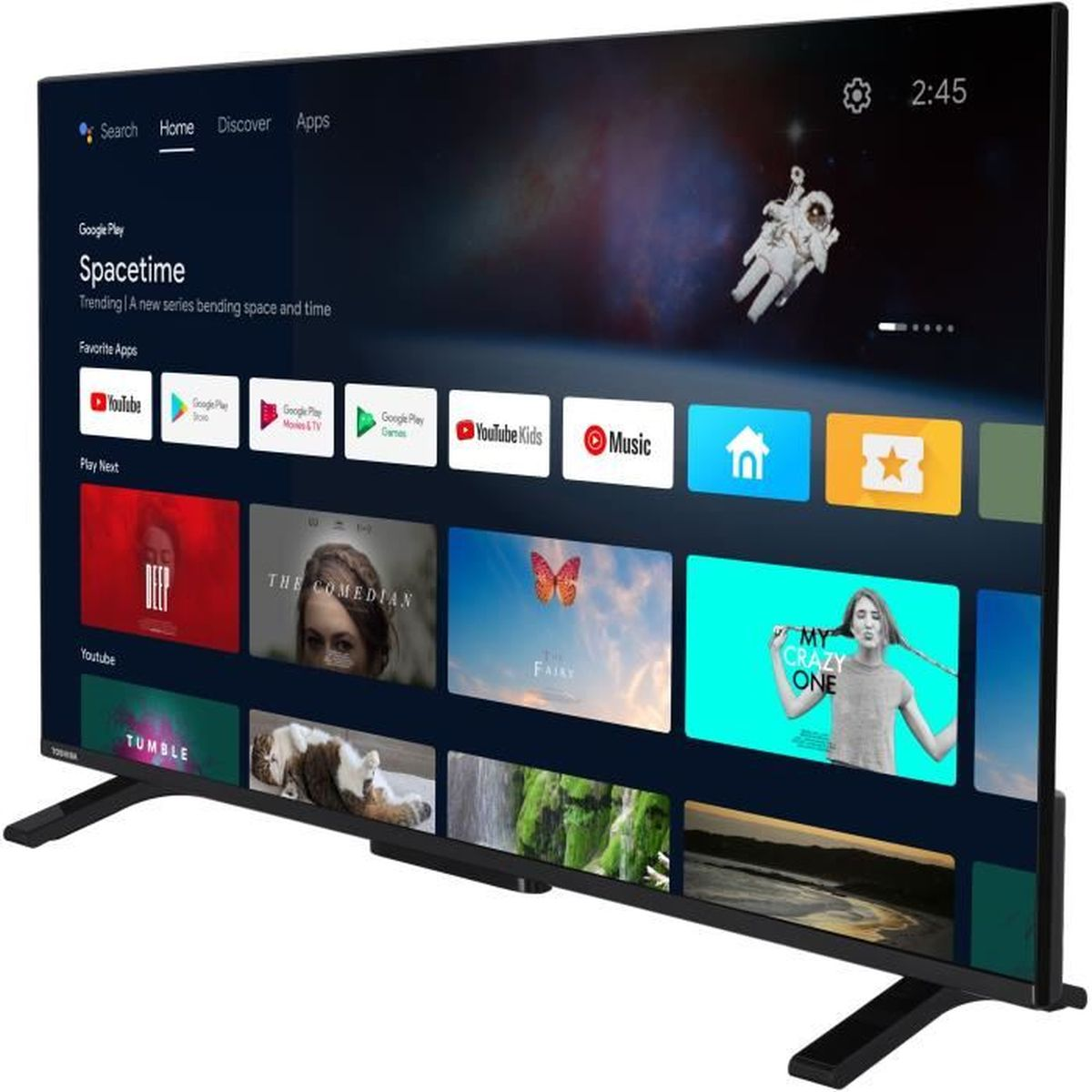 Ein Flachbildfernseher mit Streaming-Diensten und verschiedenen App-Symbolen.