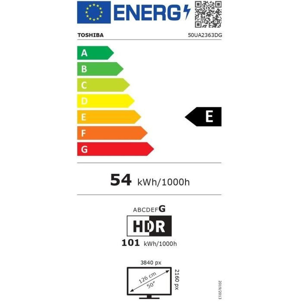 Ein Energielabel mit dem Toshiba-Logo, das eine Energieeffizienzklasse E und Verbrauchsdetails zeigt.