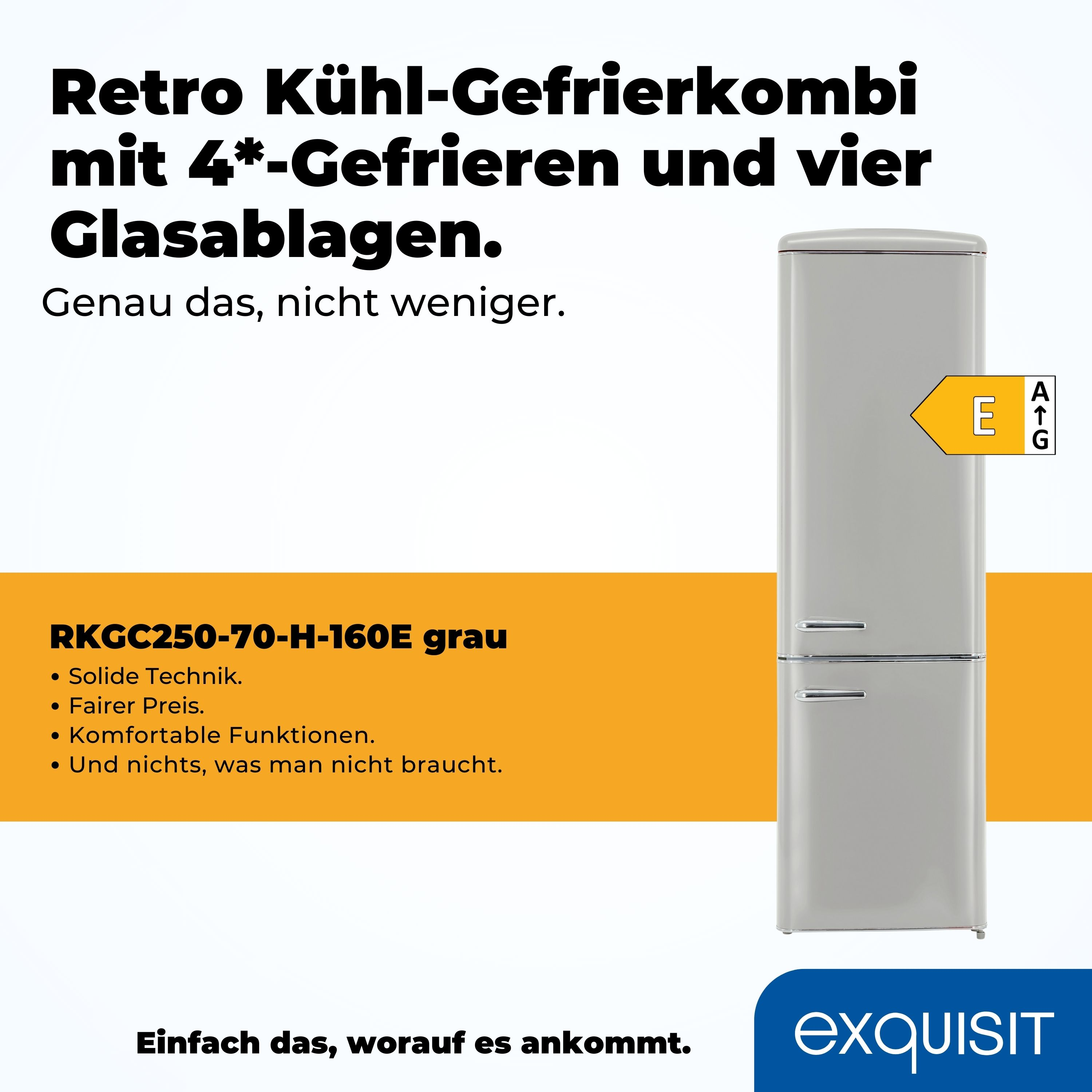 Ein grauer Retro-Kühlschrank mit Beschreibung und Energieeffizienz-Label.