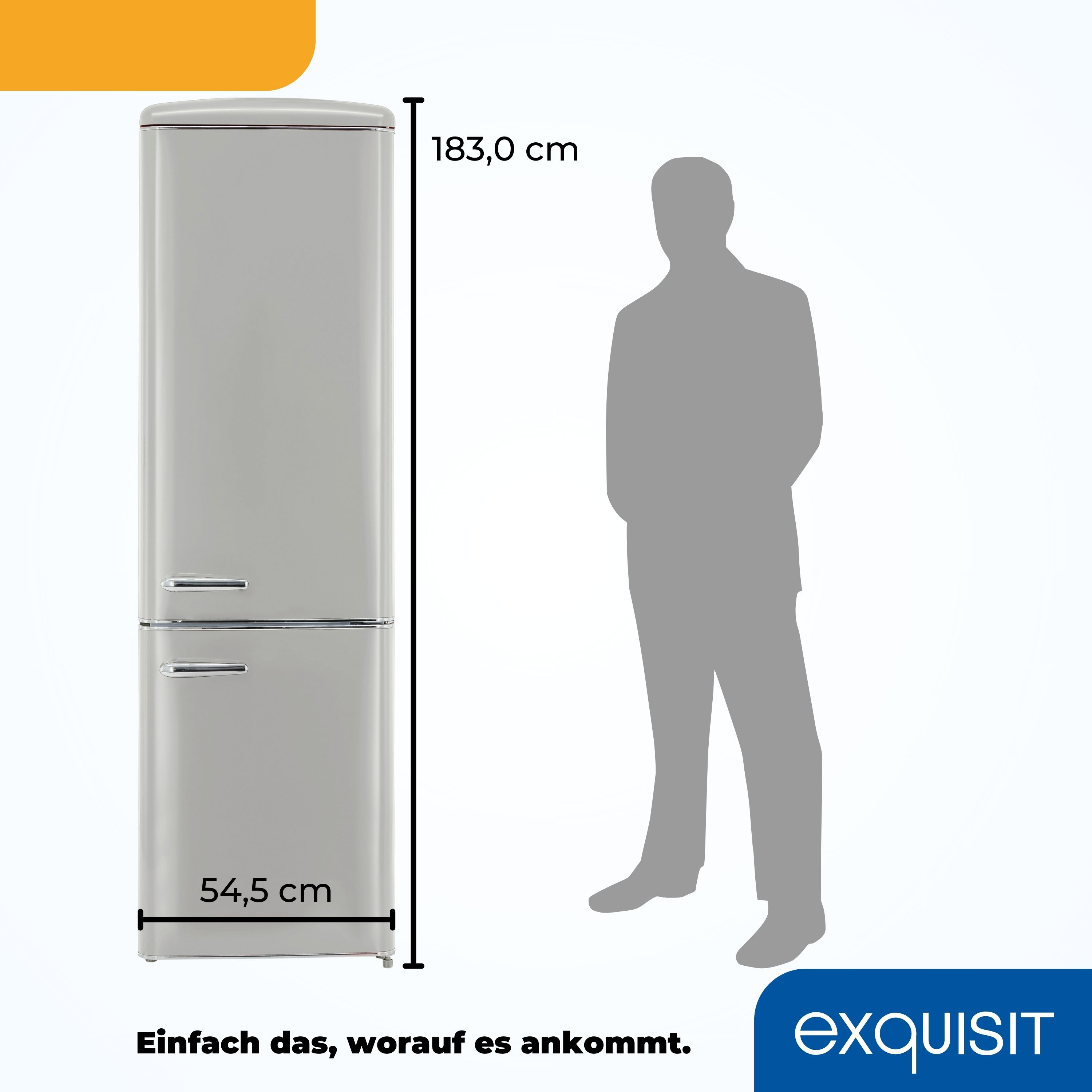 Grauer Kühlschrank, mit Personensilhouette. Kühlschrankmaße: 183cm hoch, 54,5cm breit.