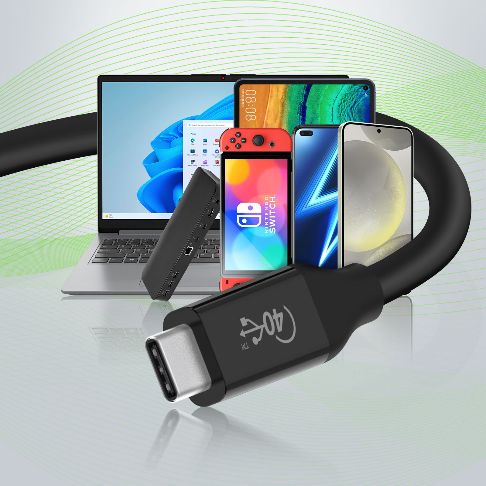 Een kabel met een USB-C-connector en apparaten: een laptop, telefoons en een Nintendo Switch.