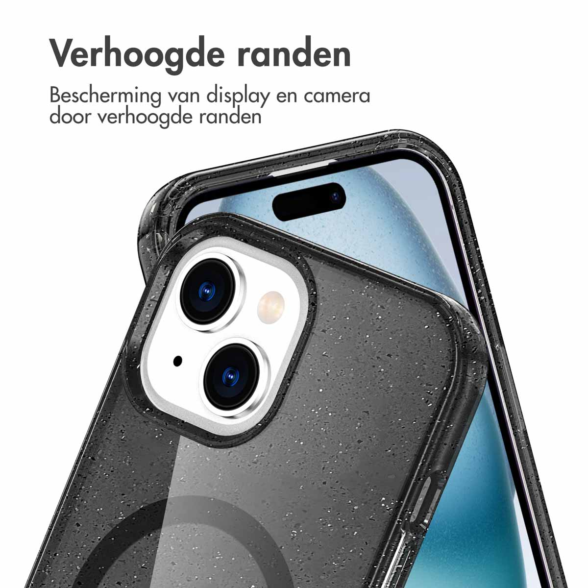 Close-up of a phone in a clear case. The case shows a pattern of black specs and a clear lens protection.
