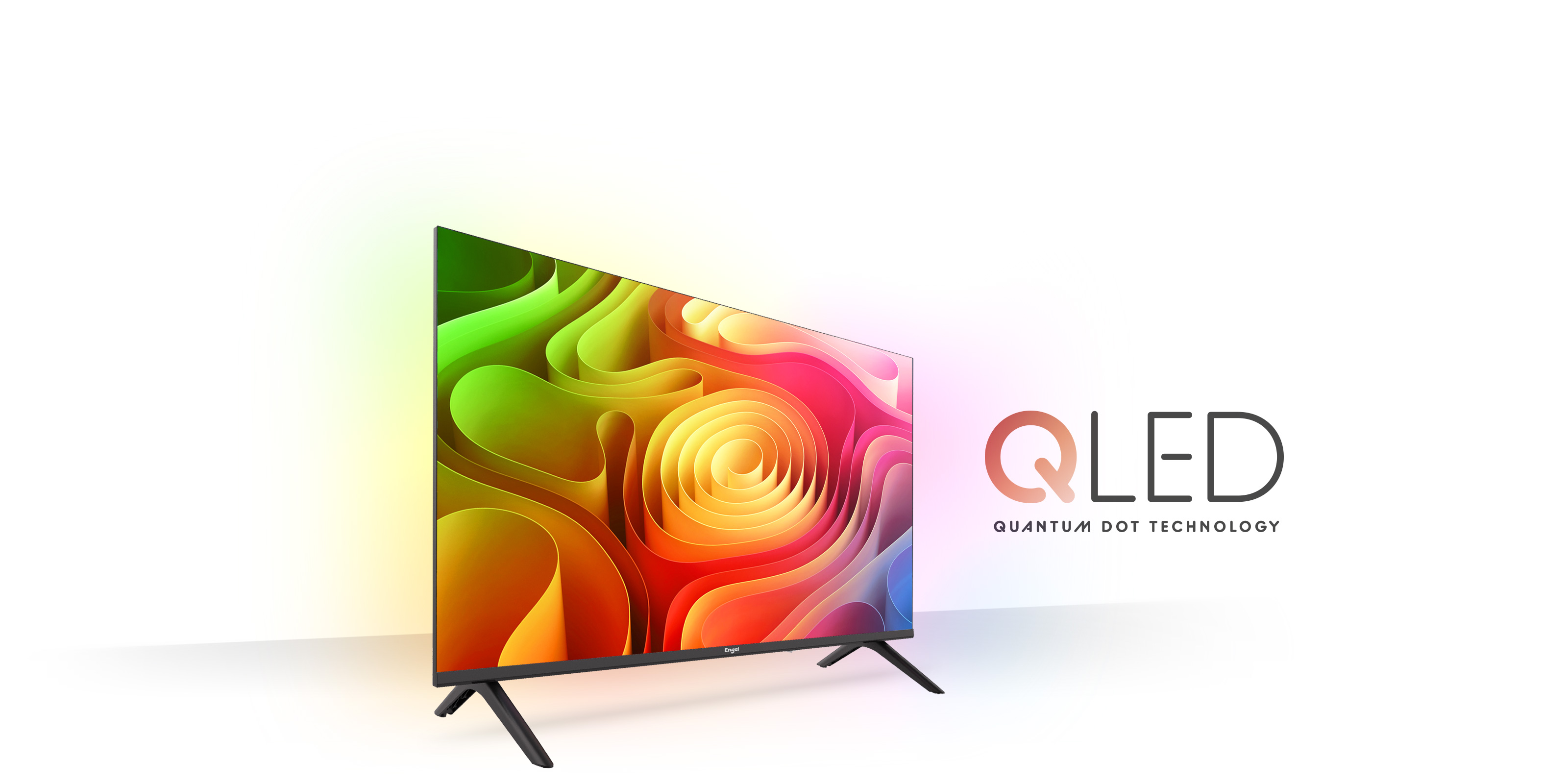 Televisor QLED con texto de tecnología QLED, fondo blanco y luz colorida.