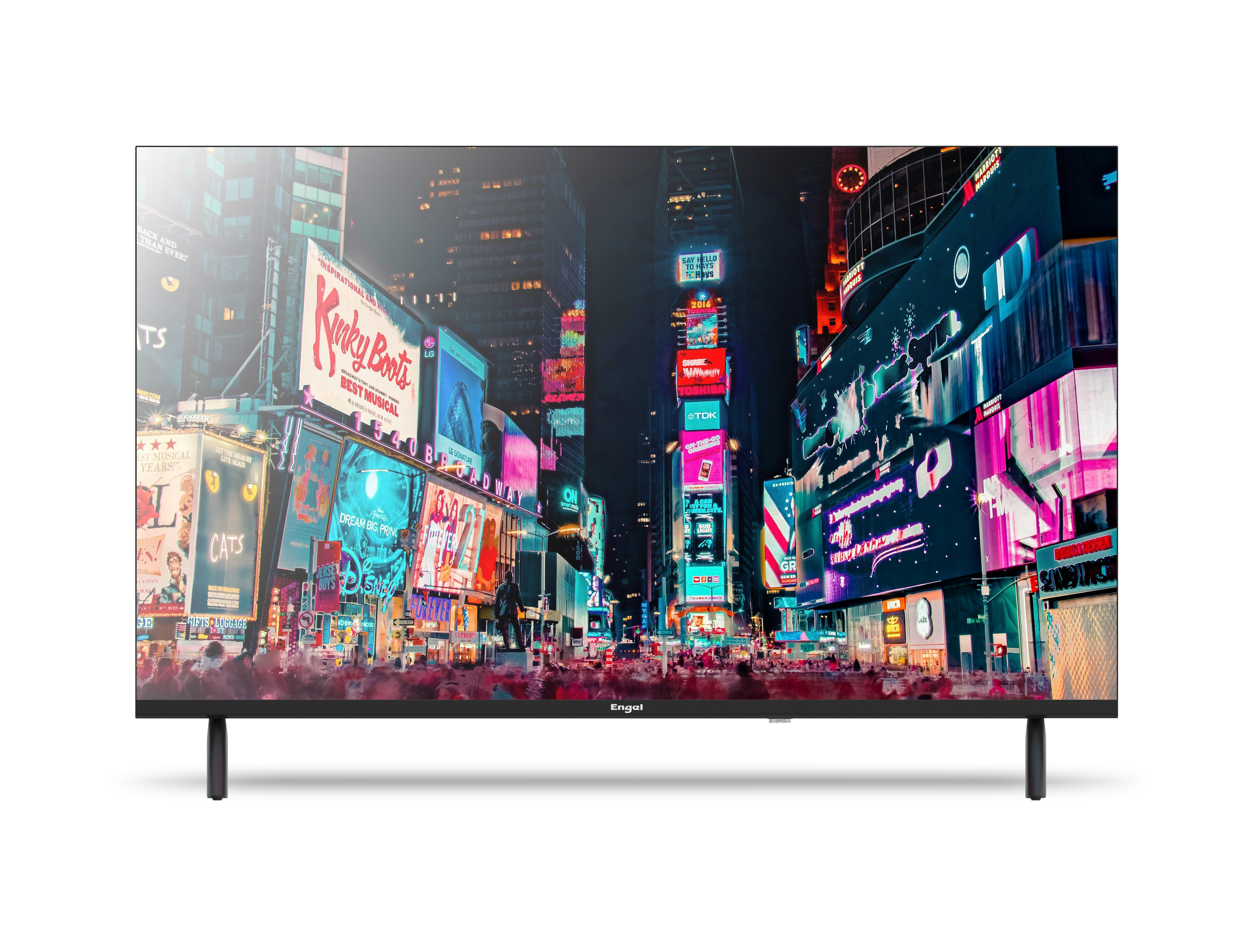 Un televisor que muestra una escena de Times Square por la noche, con vallas publicitarias brillantes y un fondo de la ciudad.