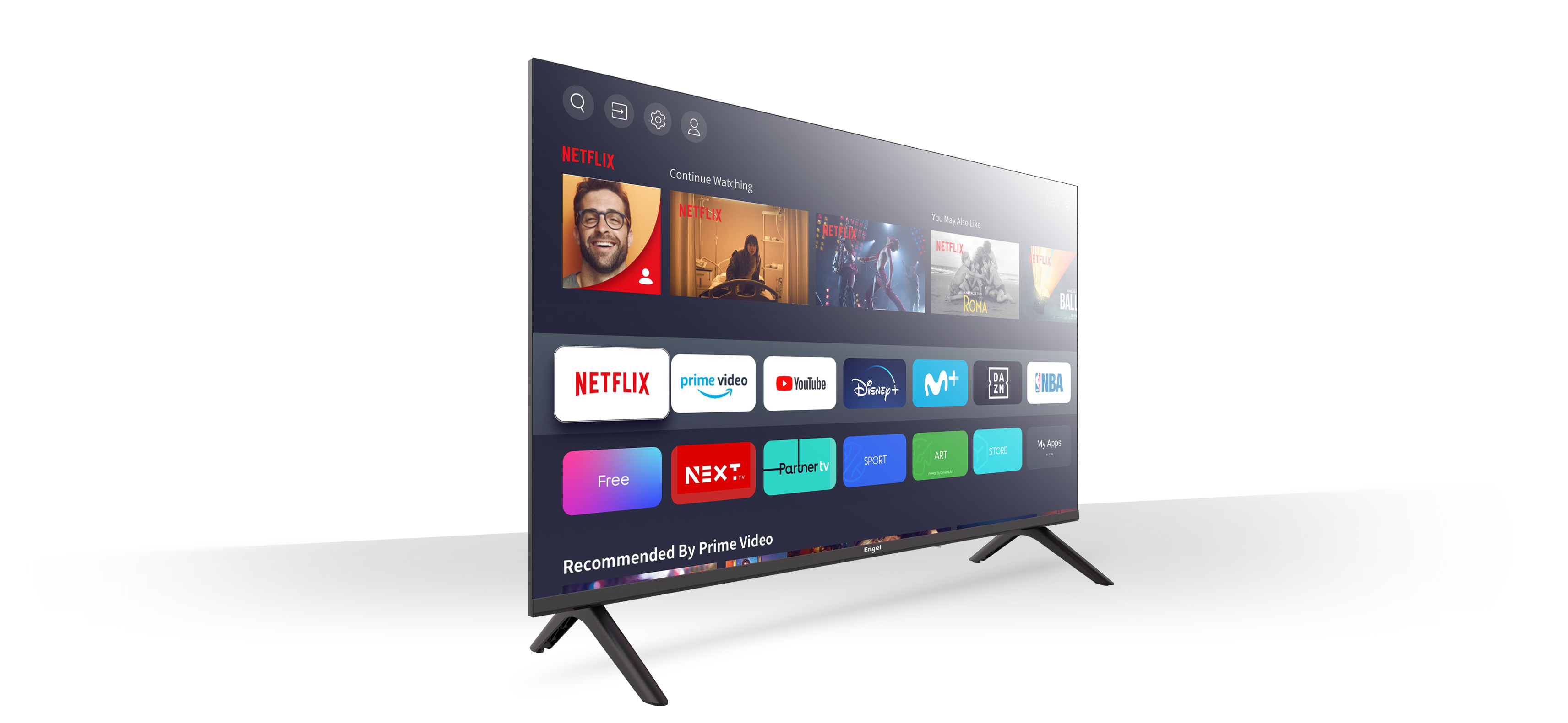 Un televisor moderno muestra una interfaz de servicio de transmisión, con varias aplicaciones.