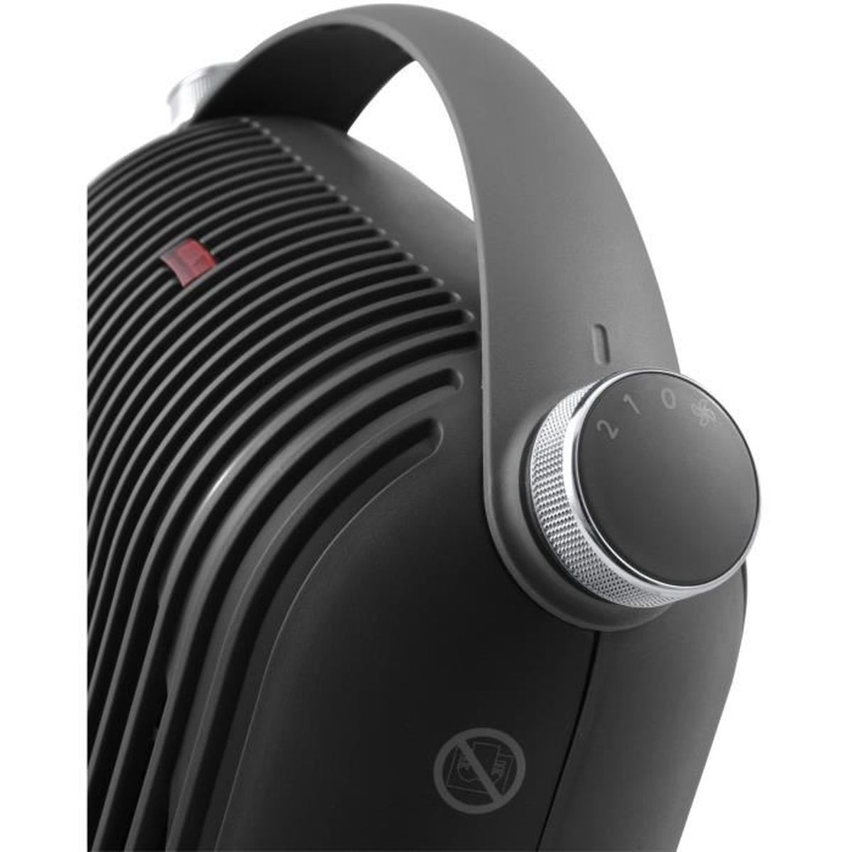 Czarny grzejnik z uchwytem i pokrętłem, pokazujący ustawienia od 0 do 2, z czerwonym światłem.