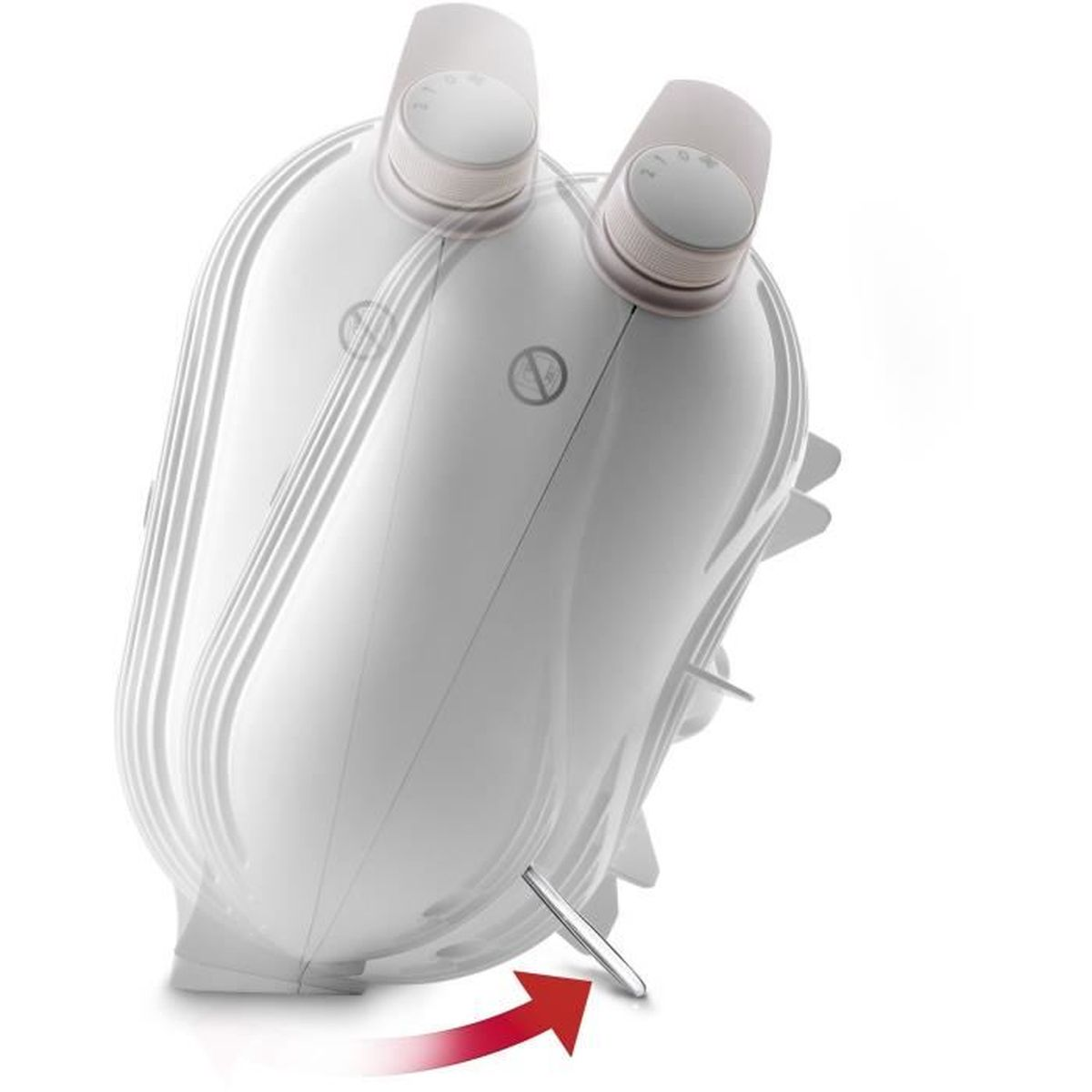 Biały mikser ręczny w ruchu, czerwona strzałka wskazująca przechylenie.