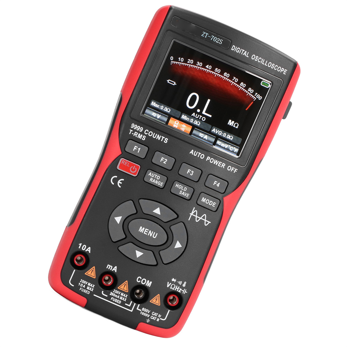 Digitales Oszilloskop. Rotes und schwarzes Design. Knöpfe und ein Display mit Messwerten.