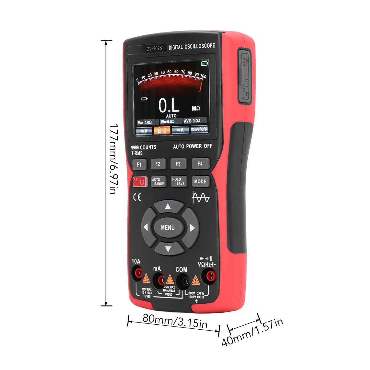 Ein rotes und schwarzes digitales Oszilloskop. Abmessungen mit Messungen in mm und Zoll sind angegeben.