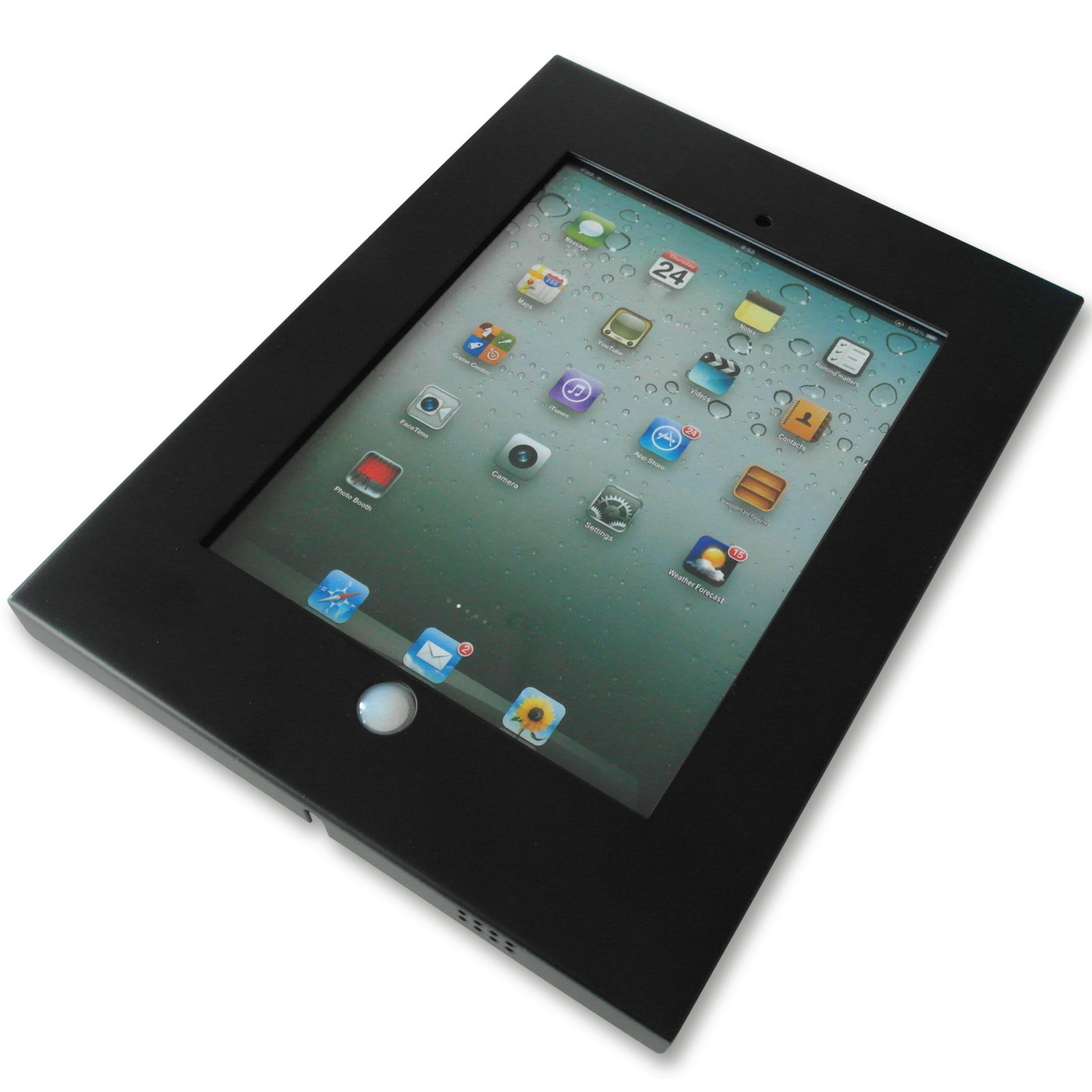 Schwarzes Tablet in einem schwarzen Rahmen. Der Bildschirm zeigt Apps und Wassertropfen.