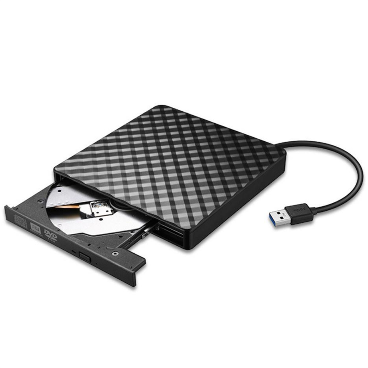 Schwarzes DVD-Laufwerk mit geöffnetem silbernen Fach, USB-Kabel angeschlossen, schwarze gemusterte Abdeckung.