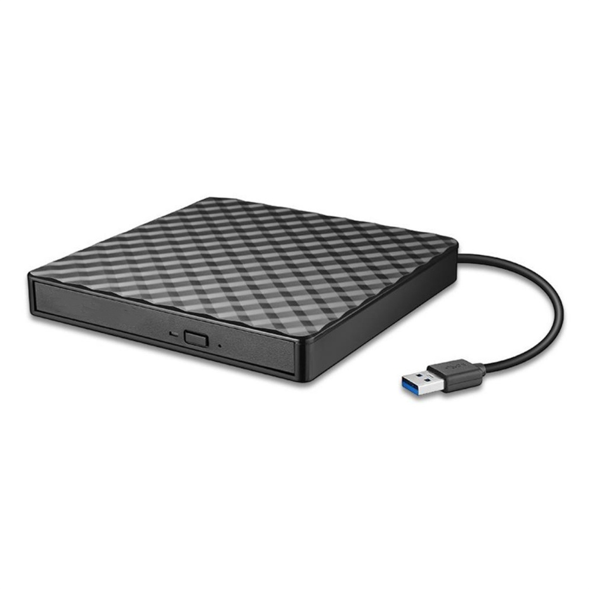 Ein schwarzes quadratisches Gerät mit einem USB-Kabel. Das Gerät hat eine strukturierte Oberfläche.