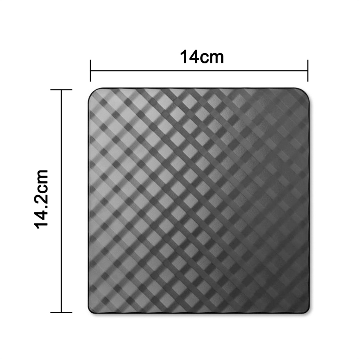 Graues Quadrat, Gittermuster, Abmessungen 14x14,2 cm. Weißer Hintergrund.