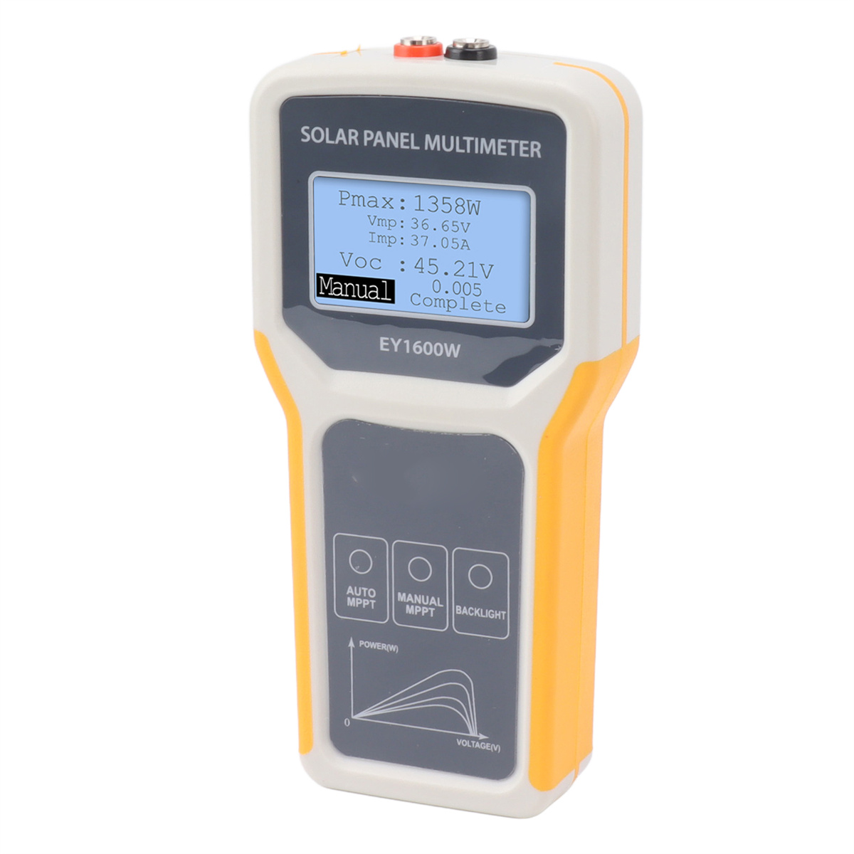 Solarpanel-Multimeter mit Bildschirm, der Messwerte und Tasten zeigt.