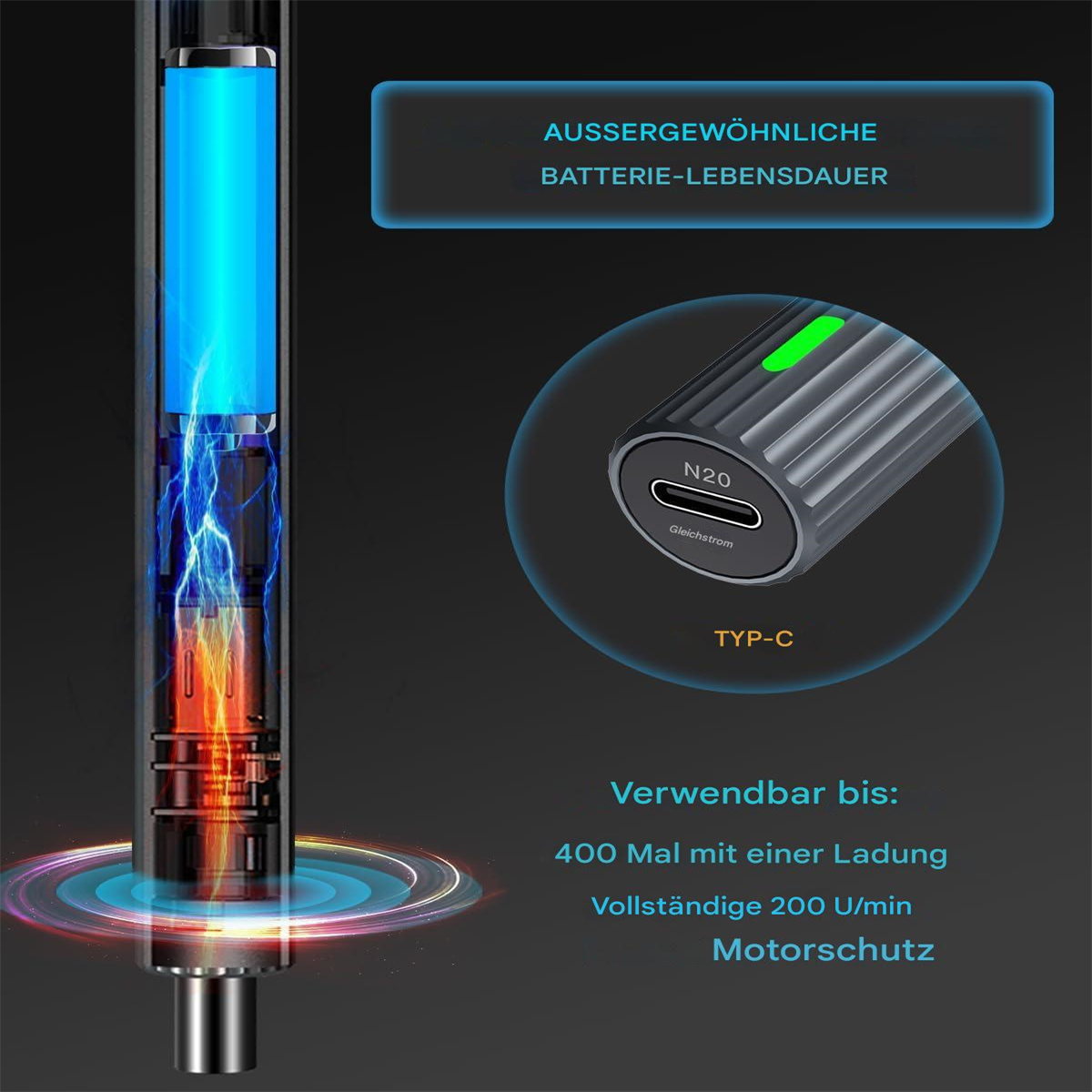 Ein blau leuchtender Stift und eine Nahaufnahme eines Ladeanschlusses.