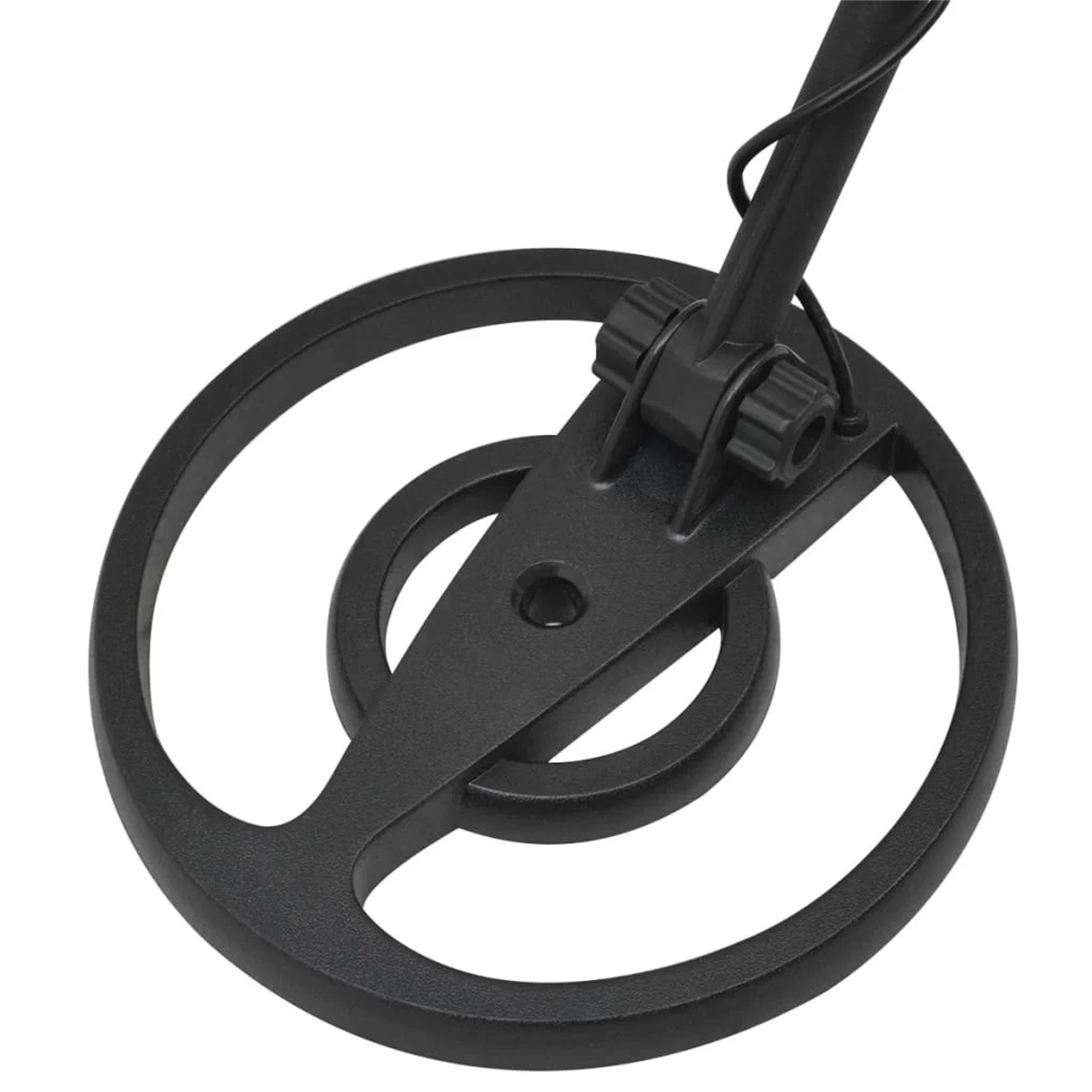 Metalldetektorspule, schwarz, mit kreisförmiger Form. Die Spule ist an einem schwarzen Schaft und Griff befestigt.