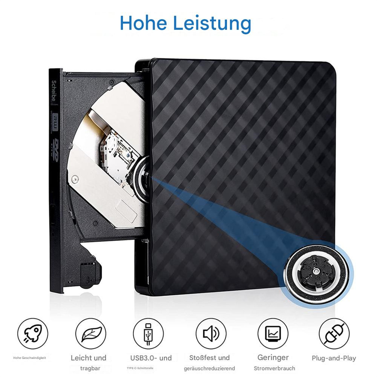 Schwarzes externes DVD-Laufwerk, geöffnet. Silberne Scheibe sichtbar. Schwarzes Gehäuse mit blauem Text. Blauer Pfeil zum Kreis.