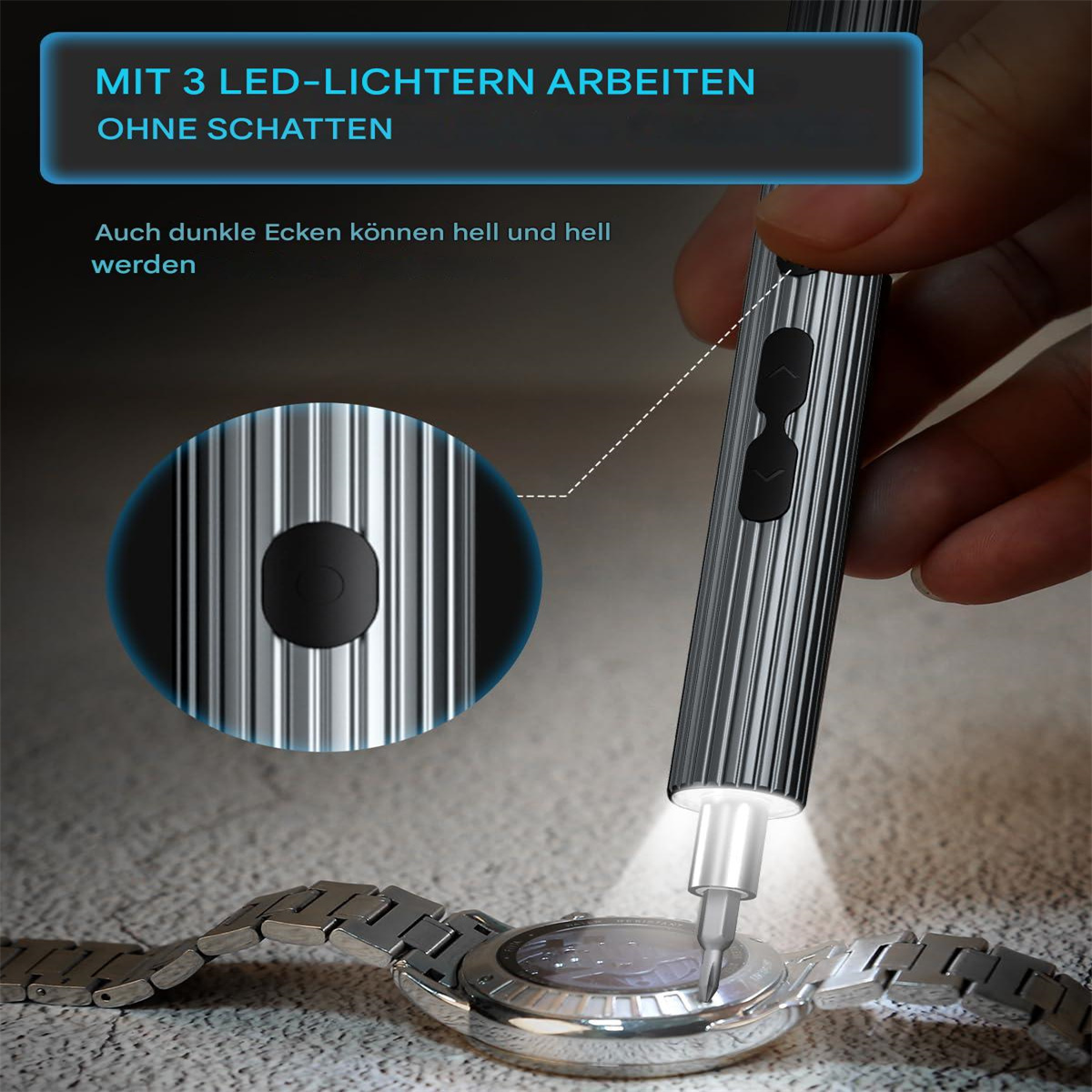 Ein silberner Schraubendreher mit einer Uhr und Text über das Arbeiten ohne Schatten.