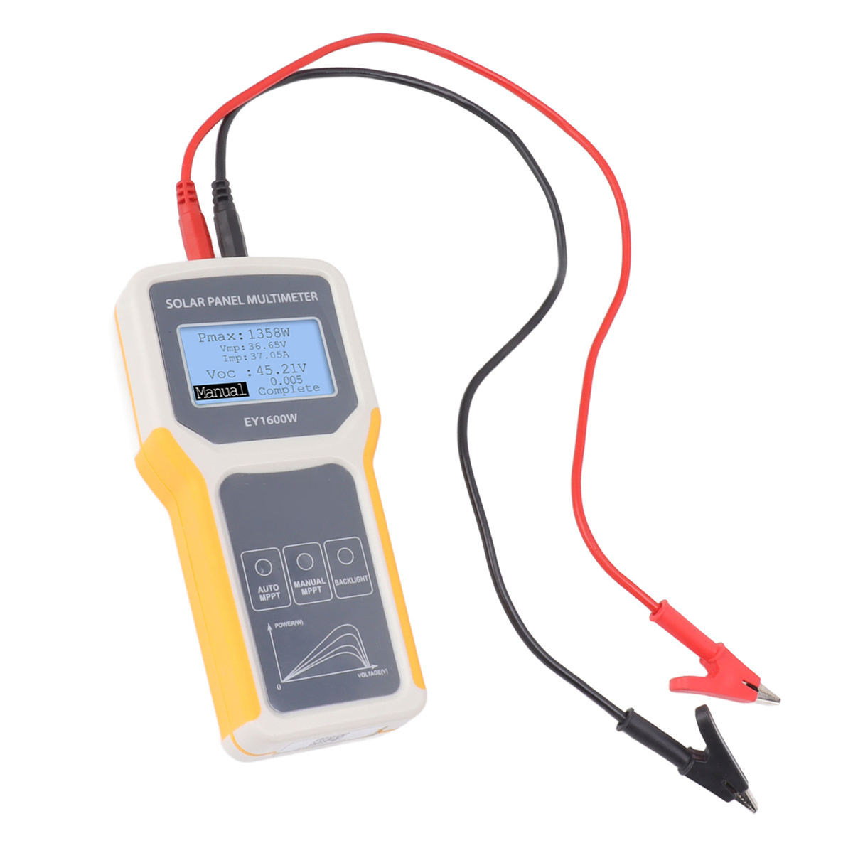 Solarpanel-Multimeter mit Display, schwarze und rote Kabel mit Klemmen.