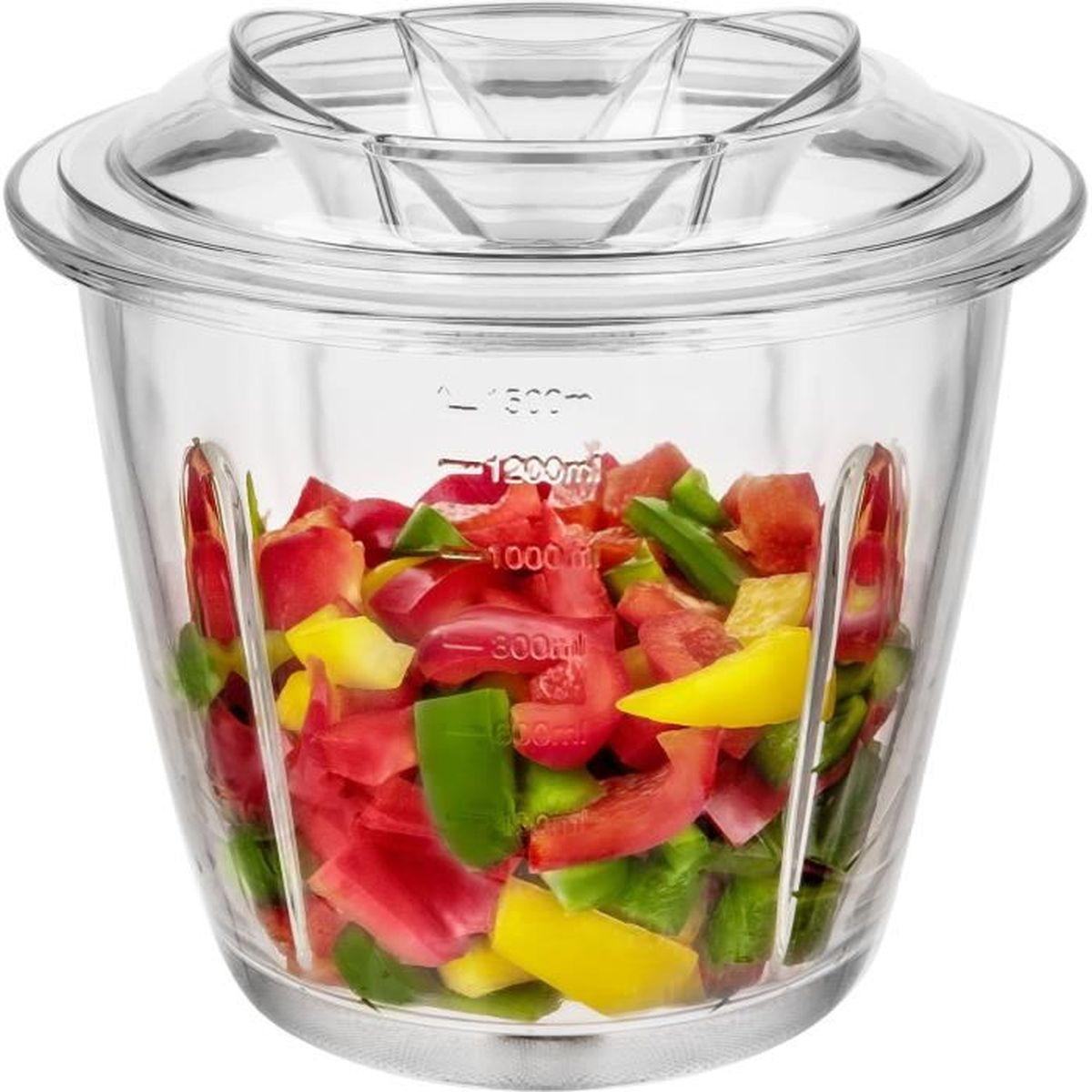 Glasschüssel mit gehackten roten, grünen und gelben Paprika.