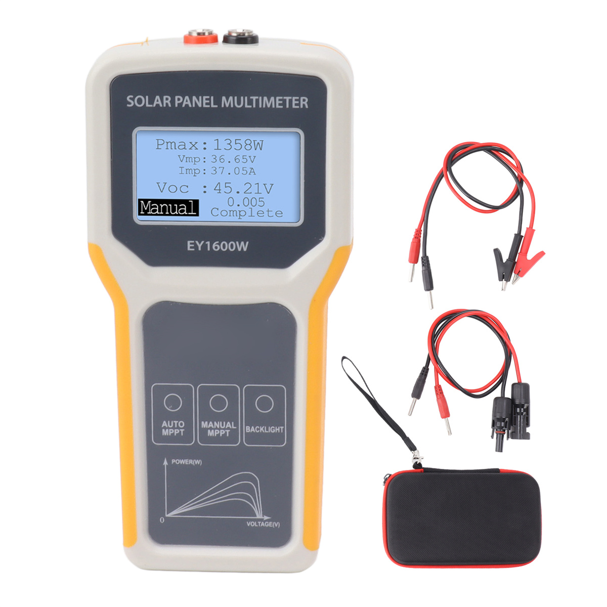Solarpanel-Multimeter mit Display, Kabeln und schwarzem Etui, zeigt technische Daten.