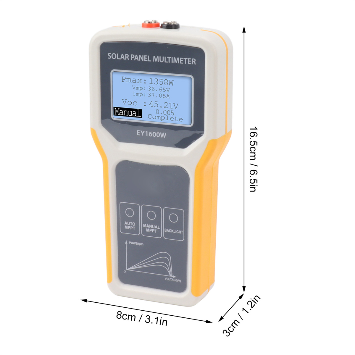Solarpanel-Multimeter zeigt Spannungs- und Strommesswerte an. Gelbes und graues Gehäuse.