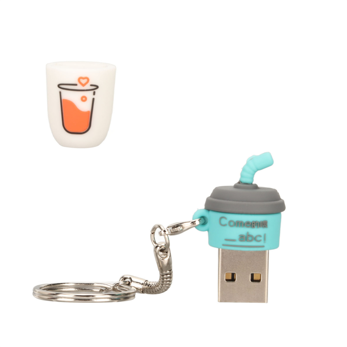 Ein USB-Stick in Form eines Trinkbechers und eine kleine becherförmige USB-Stick-Abdeckung.
