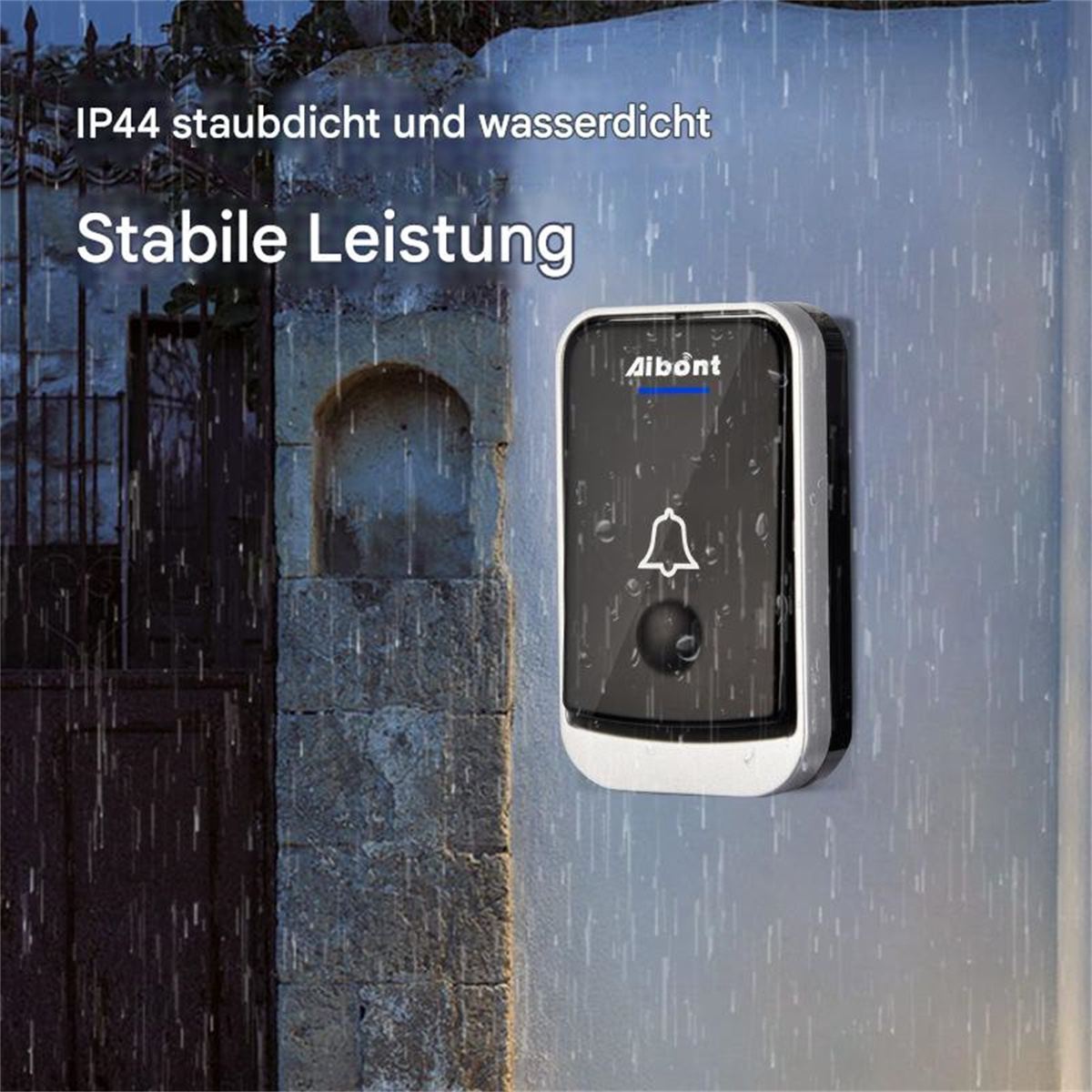 Schwarze und weiße Türklingel an einer Wand mit Regen. Text: IP44 wasserdicht, stabile Leistung.
