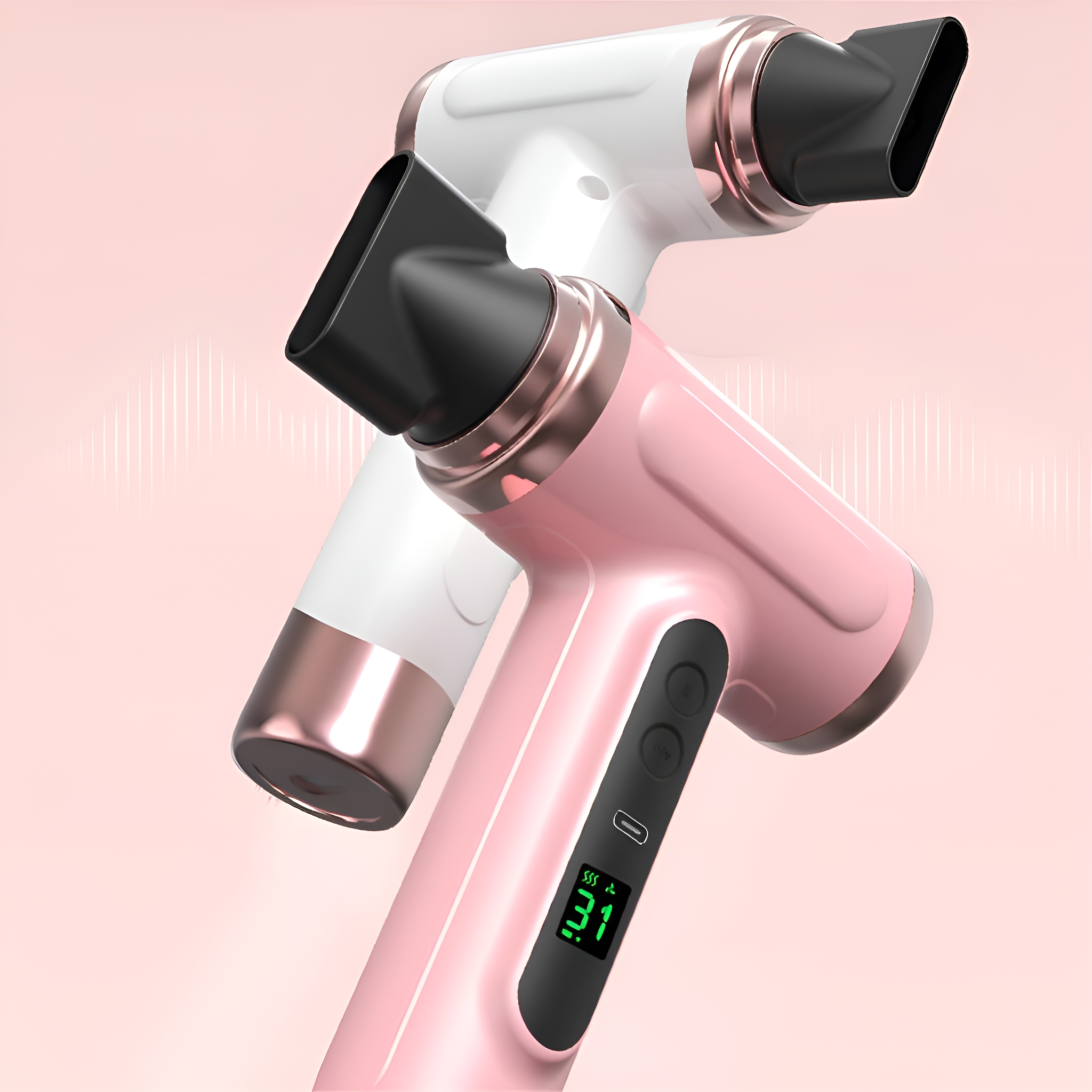 Zwei Haartrockner, einer pink und einer weiß, auf pinkem Hintergrund. Digitalanzeige.