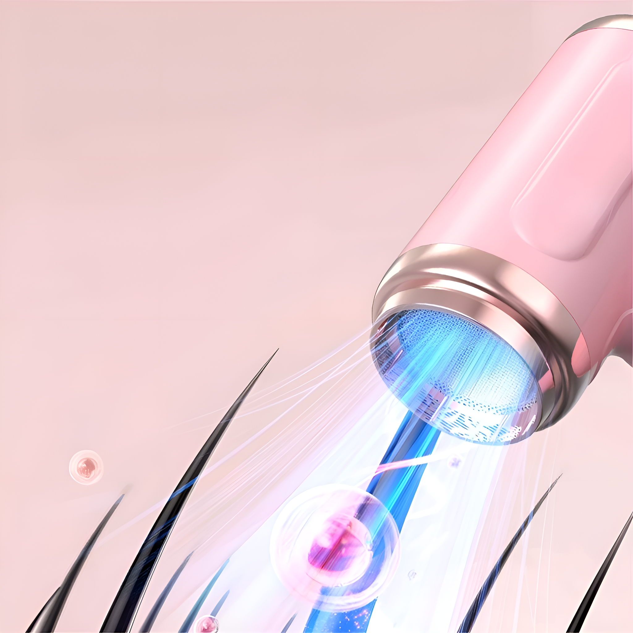 Pinkes Haarbehandlungsgerät mit blauem Licht, das auf Haarsträhnen scheint, auf pinkfarbenem Hintergrund.