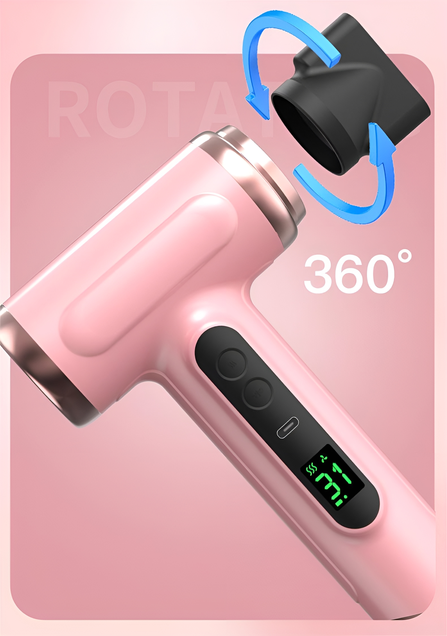 Rosa Haartrockner mit drehbarer Düse und digitalem Display, mit Textüberlagerung.