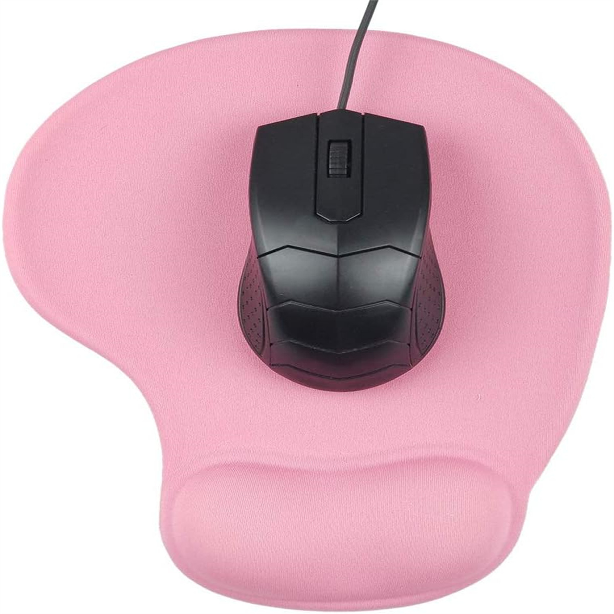 Pinkes ergonomisches Mauspad mit Handgelenkstütze, eine schwarze Maus darauf.