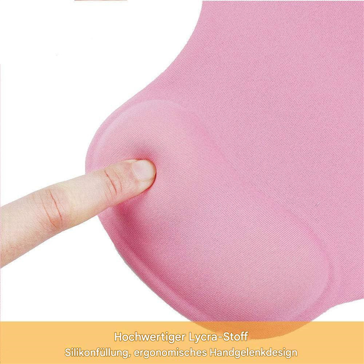 Ein rosa ergonomisches Mauspads mit Gel-Handgelenkauflage, vor weißem Hintergrund, und ein Finger.