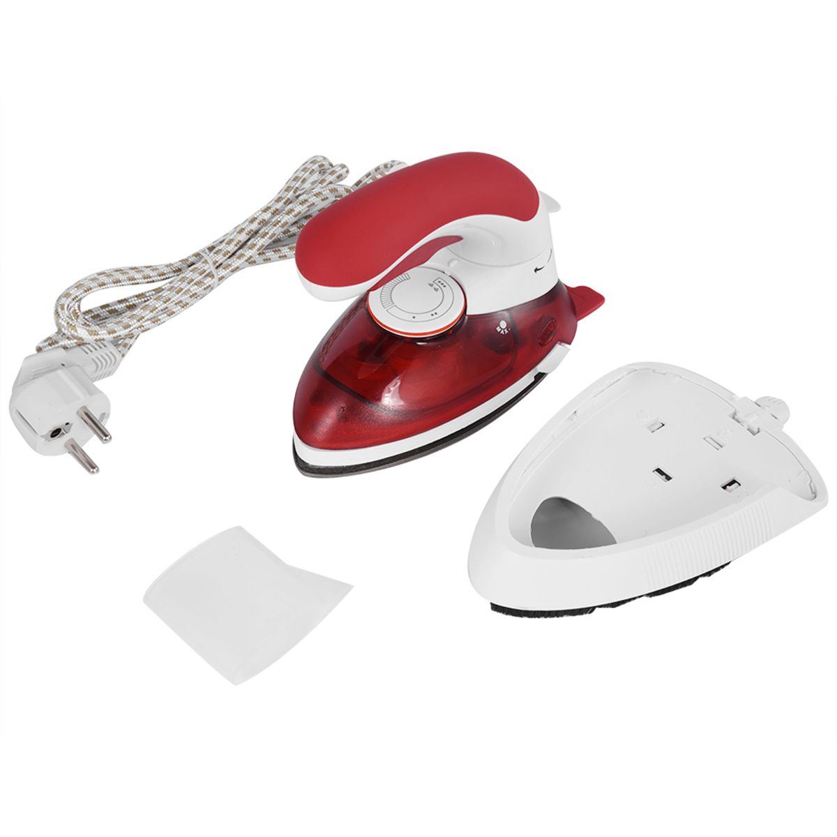 Ein rotes und weißes Reisebügeleisen mit Kabel, separater weißer Basis und weißem Tuch.