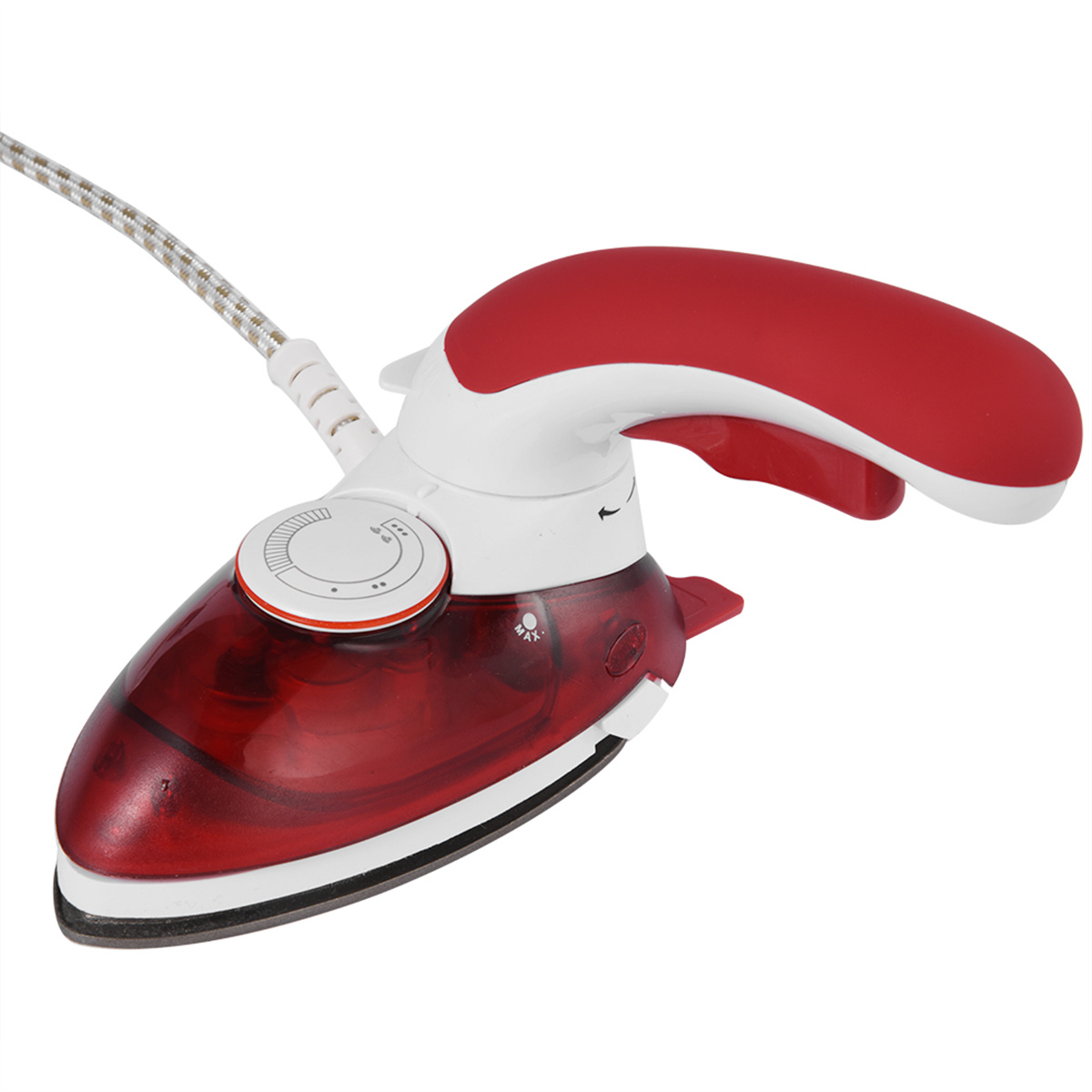 Rotes und weißes Reisebügeleisen mit weißem Kabel. Es hat einen roten Griff.