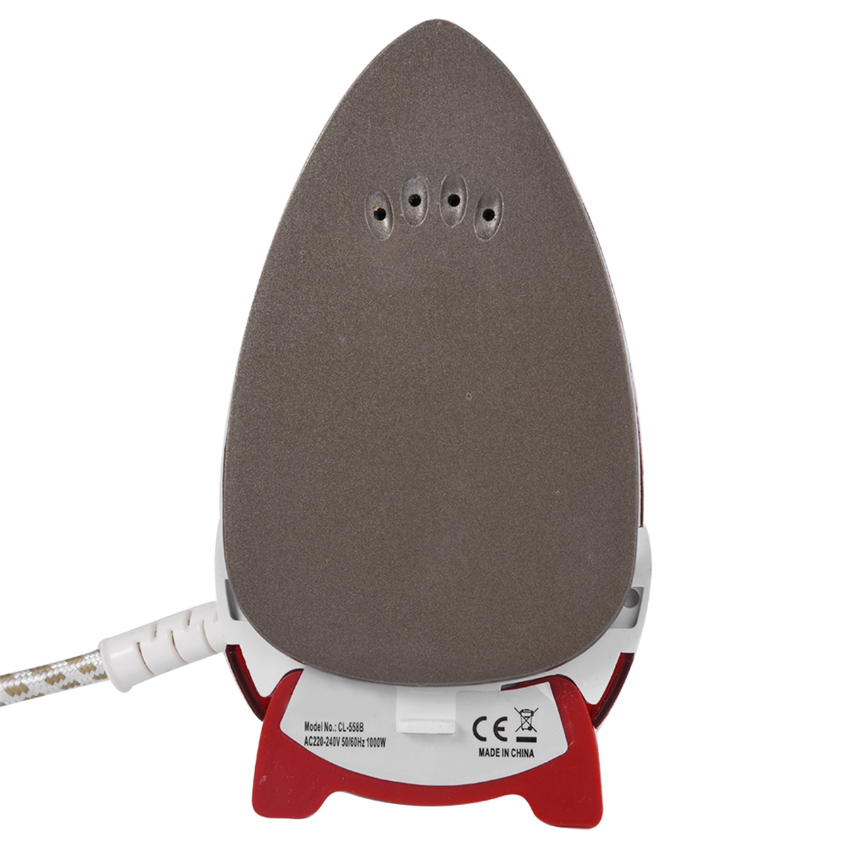 Ein Bügeleisen, rot und weiß, mit grauem Sockel. Ein weißes Kabel erstreckt sich von hinten.