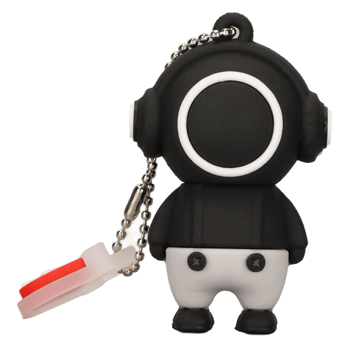Schwarz-weißer Cartoon-Charakter-USB-Stick mit Schlüsselanhänger.