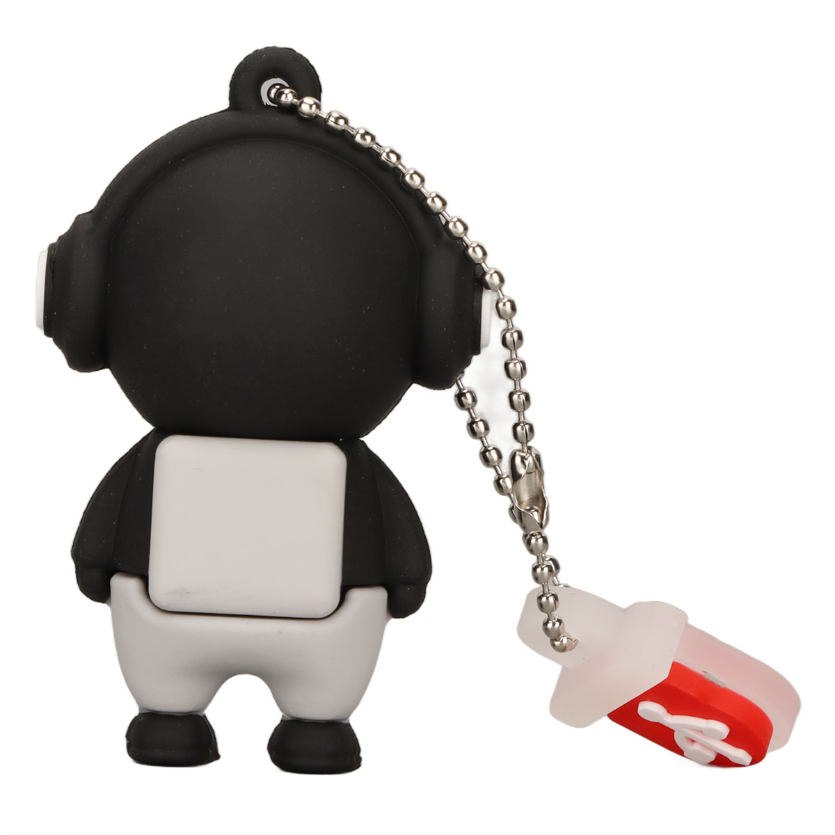 USB-Stick in Form eines Pandas mit Kopfhörern. Der USB-Anschluss hat eine rote, abgerundete Form.