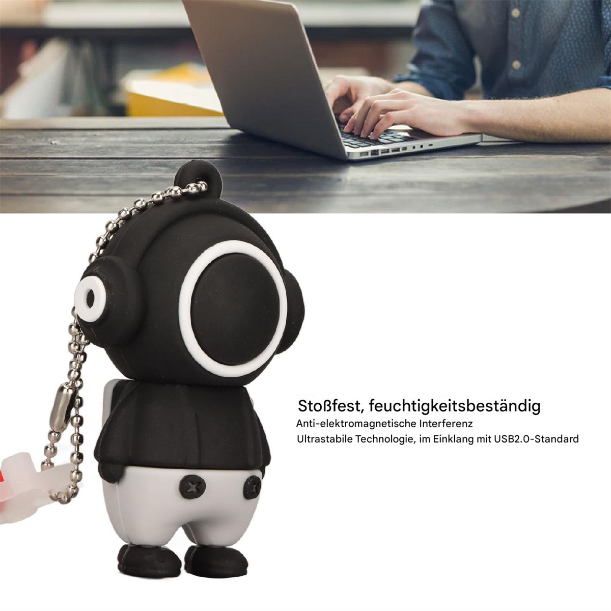 Ein schwarz-weißer USB-Stick in Form eines Tauchers, mit einer Person, die im Hintergrund einen Laptop benutzt.