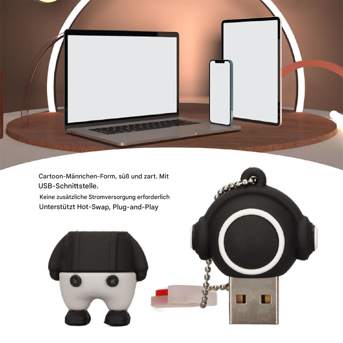 USB-Sticks in Form einer Zeichentrickfigur. Die Geräte stehen auf einer reflektierenden Oberfläche.